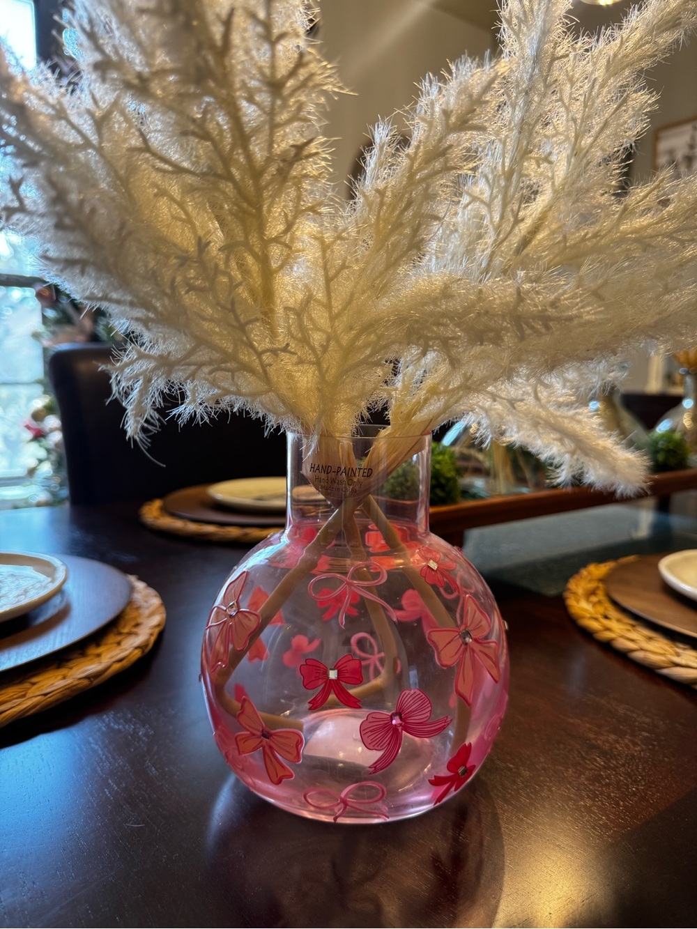 Cupcake & Cashmere pink bow Hand-Painted Pink Glass Vase with white pampas